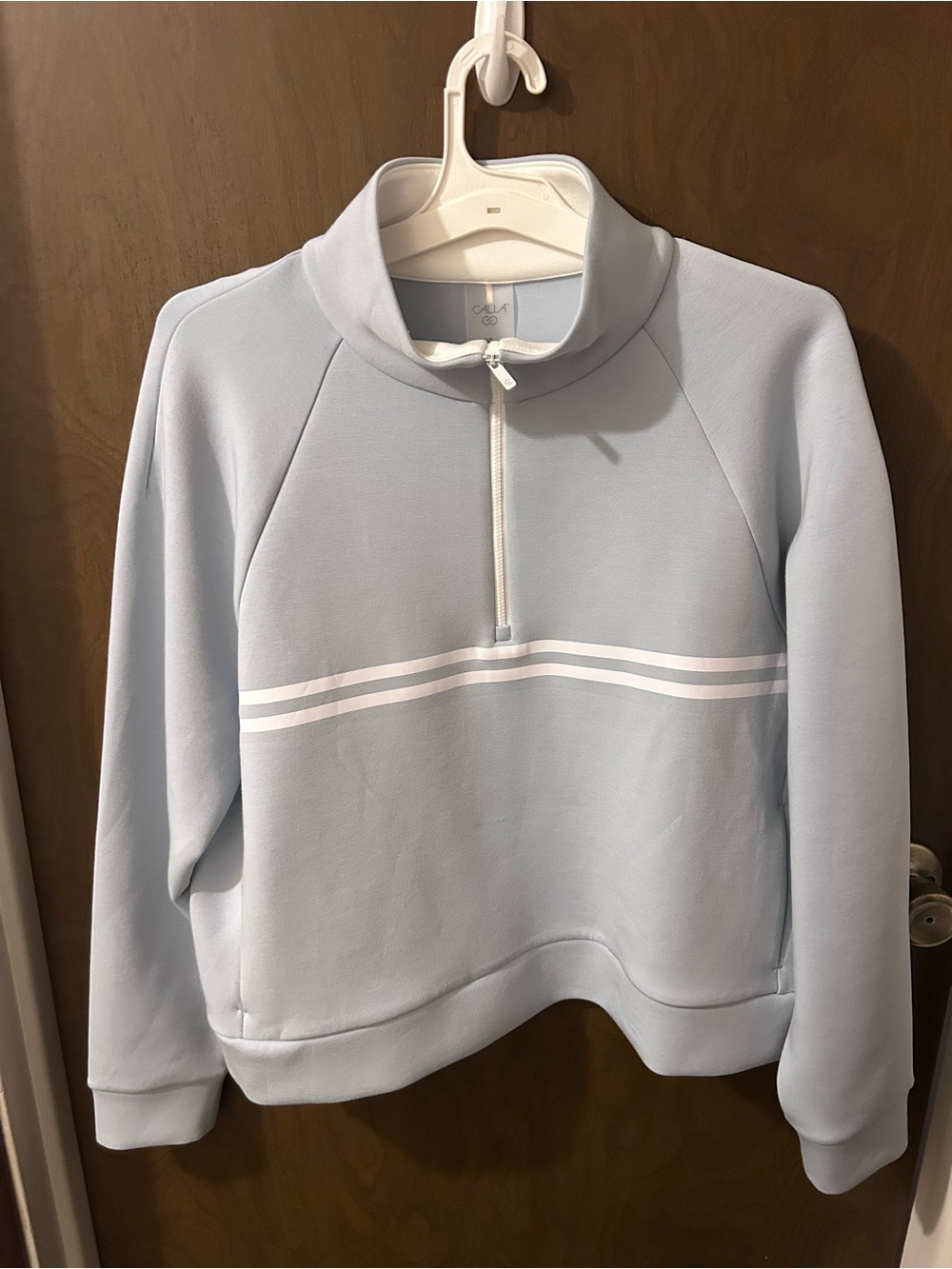 Light Blue Half-Zip Pullover Sweatshirt with White Stripes